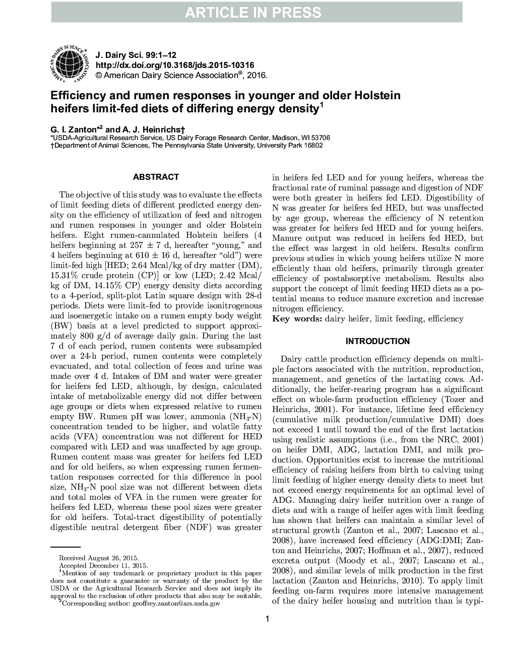 Efficiency and rumen responses in younger and older Holstein heifers limit-fed diets of differing energy density1