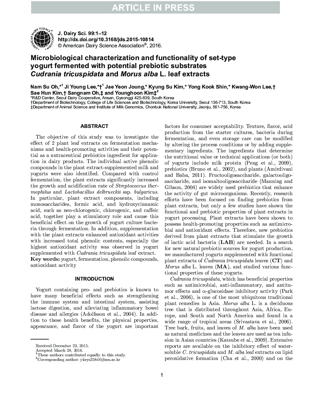 Microbiological characterization and functionality of set-type yogurt fermented with potential prebiotic substrates Cudrania tricuspidata and Morus alba L. leaf extracts