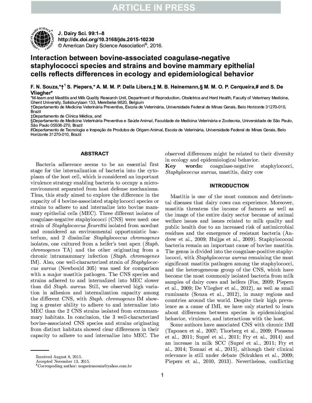 Interaction between bovine-associated coagulase-negative staphylococci species and strains and bovine mammary epithelial cells reflects differences in ecology and epidemiological behavior