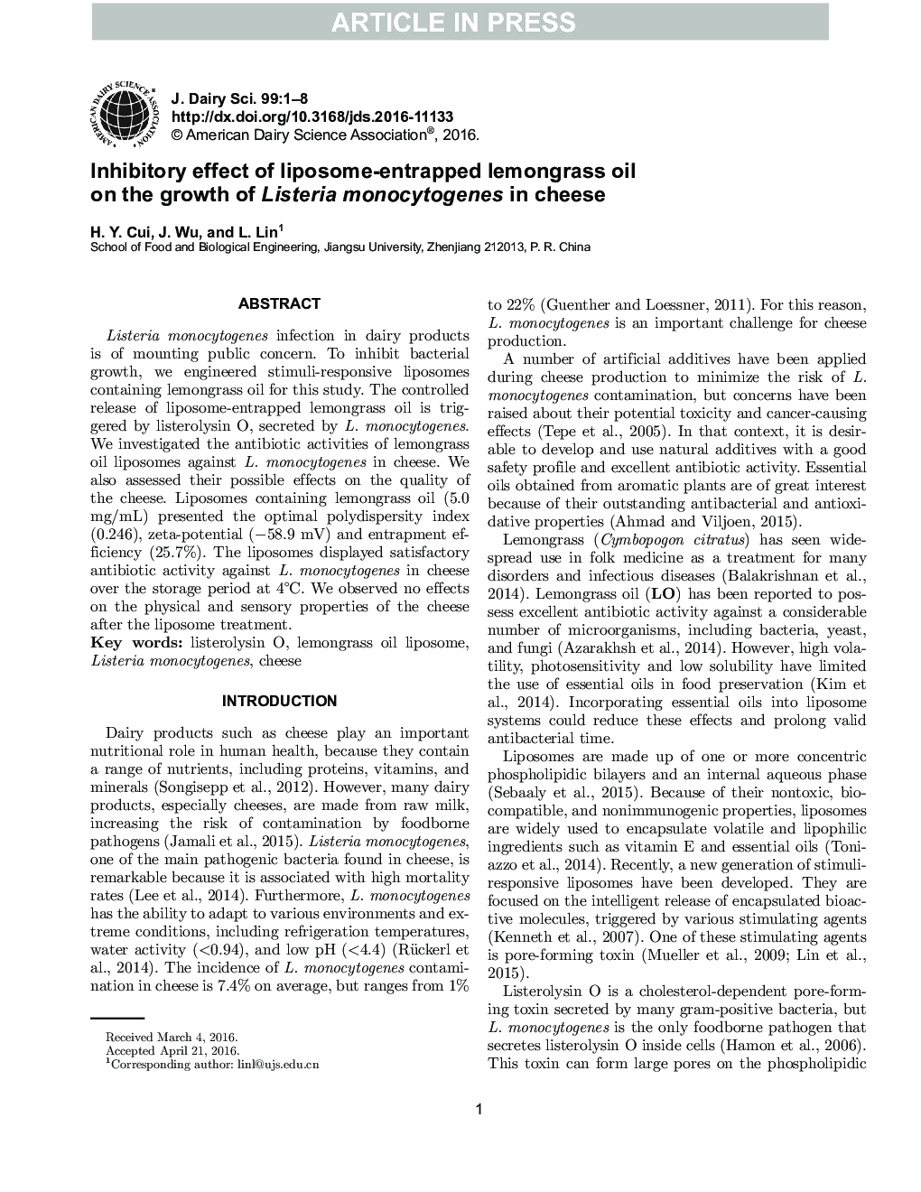 Inhibitory effect of liposome-entrapped lemongrass oil on the growth of Listeria monocytogenes in cheese