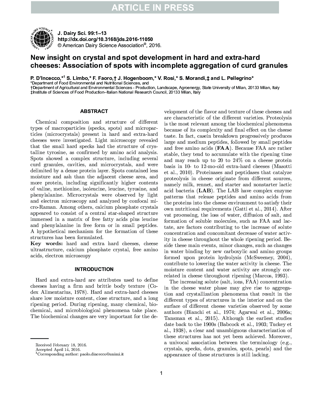 New insight on crystal and spot development in hard and extra-hard cheeses: Association of spots with incomplete aggregation of curd granules