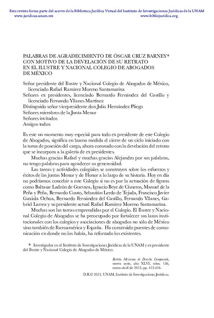 Palabras de Agradecimiento de Ãscar Cruz barney* Con Motivo de la Develación de su Retrato en el Ilustre y Nacional Colegio de Abogados de México