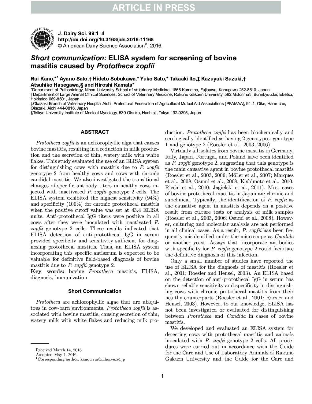 Short communication: ELISA system for screening of bovine mastitis caused by Prototheca zopfii