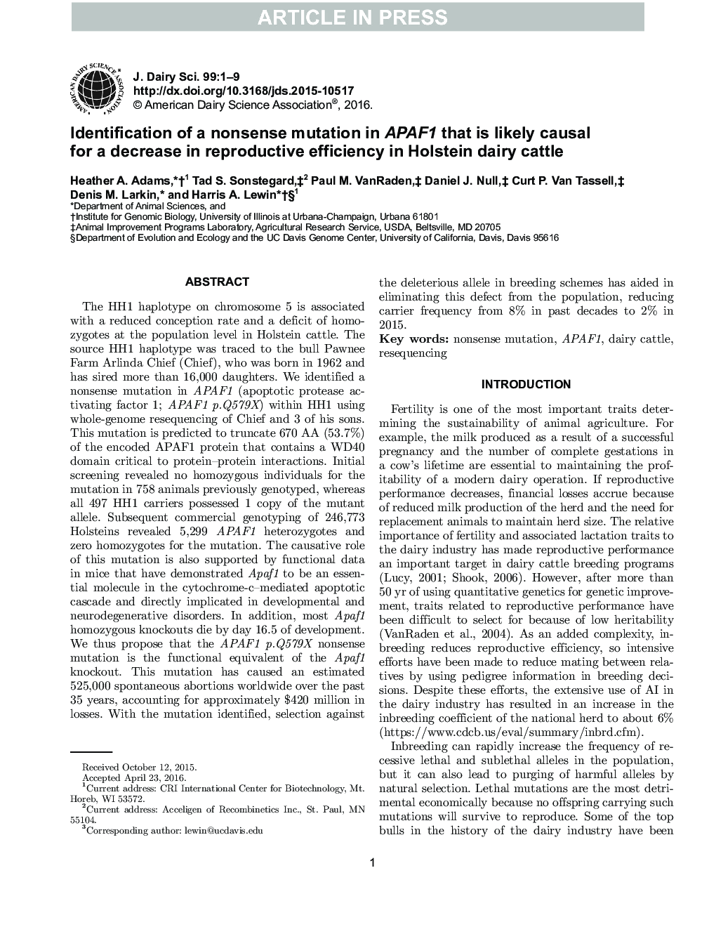 Identification of a nonsense mutation in APAF1 that is likely causal for a decrease in reproductive efficiency in Holstein dairy cattle