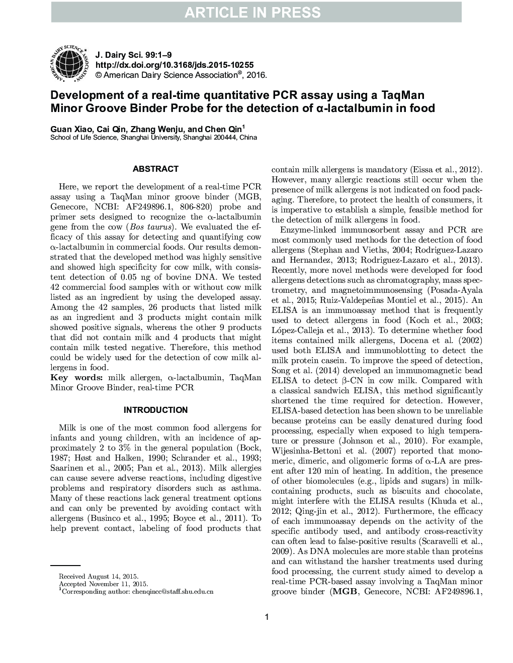 Development of a real-time quantitative PCR assay using a TaqMan minor groove binder probe for the detection of Î±-lactalbumin in food