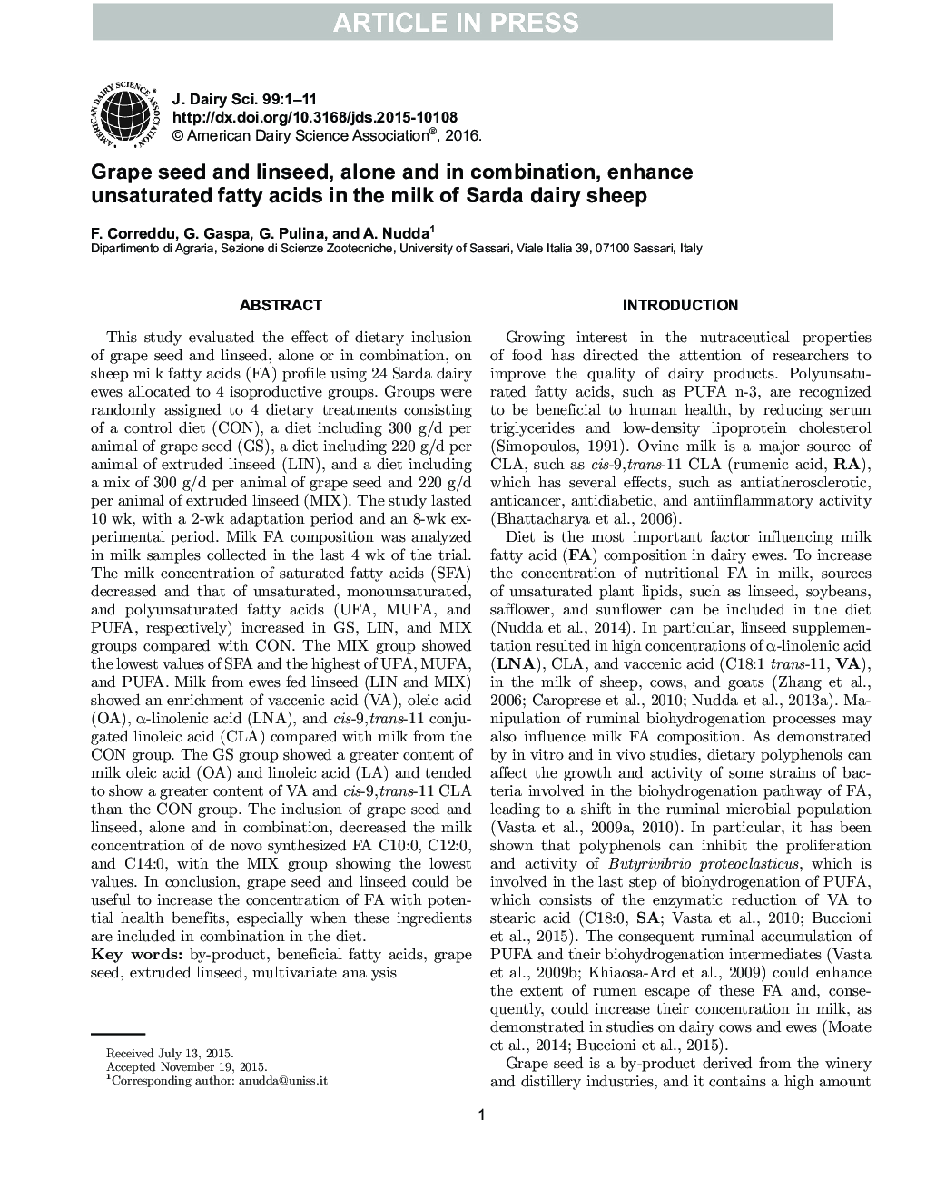 Grape seed and linseed, alone and in combination, enhance unsaturated fatty acids in the milk of Sarda dairy sheep