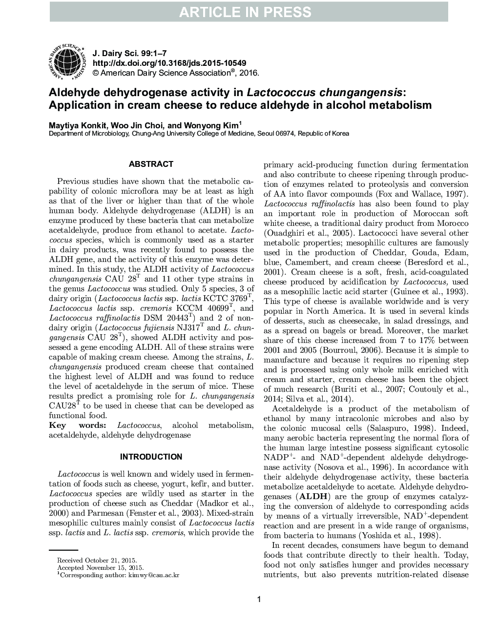 Aldehyde dehydrogenase activity in Lactococcus chungangensis: Application in cream cheese to reduce aldehyde in alcohol metabolism