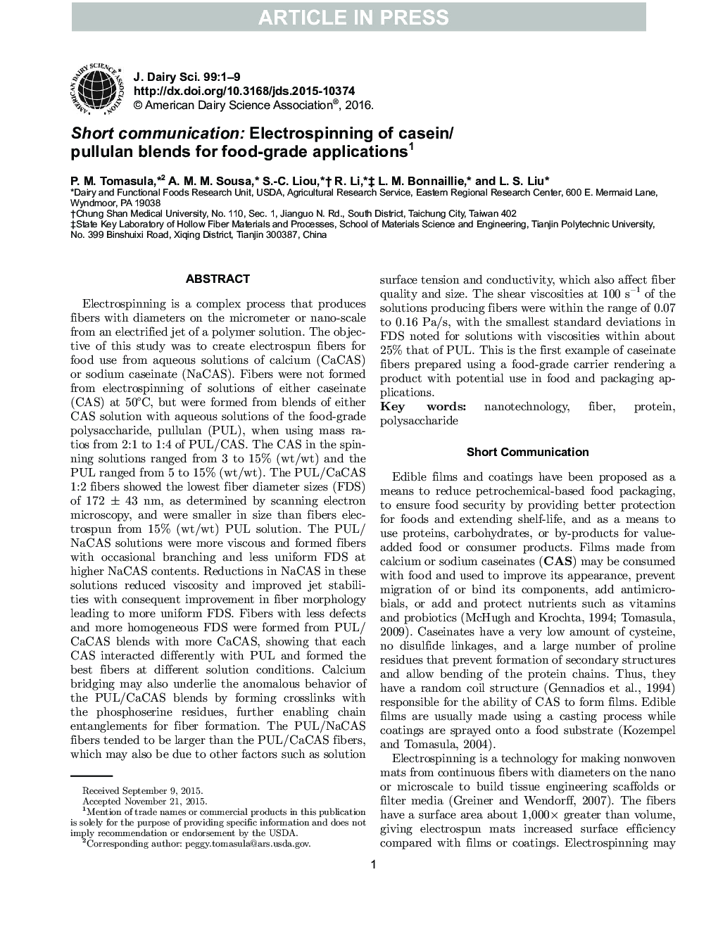 Short communication: Electrospinning of casein/pullulan blends for food-grade applications1