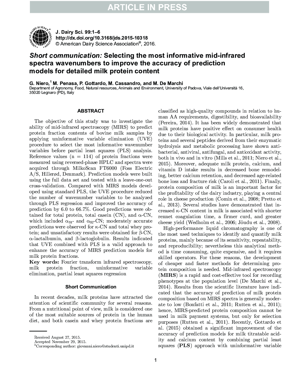 Short communication: Selecting the most informative mid-infrared spectra wavenumbers to improve the accuracy of prediction models for detailed milk protein content