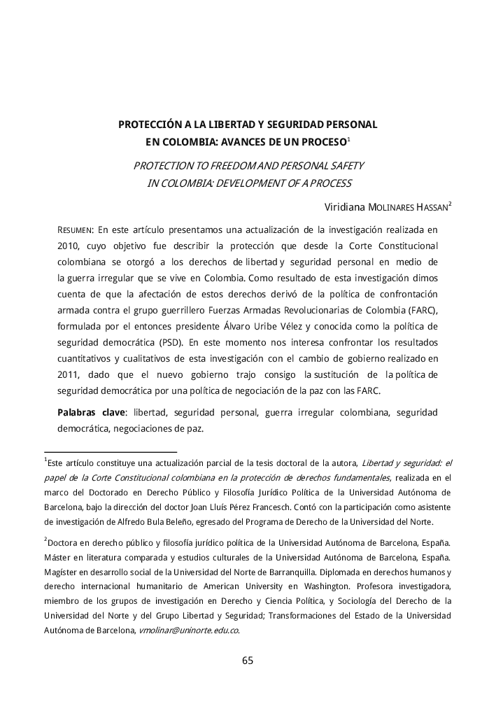 عکس صفحه اول مقاله: PROTECCIÓN A LA LIBERTAD Y SEGURIDAD PERSONAL EN COLOMBIA: AVANCES DE UN PROCESO PROTECCIÓN A LA LIBERTAD Y SEGURIDAD PERSONAL EN COLOMBIA: AVANCES DE UN PROCESO