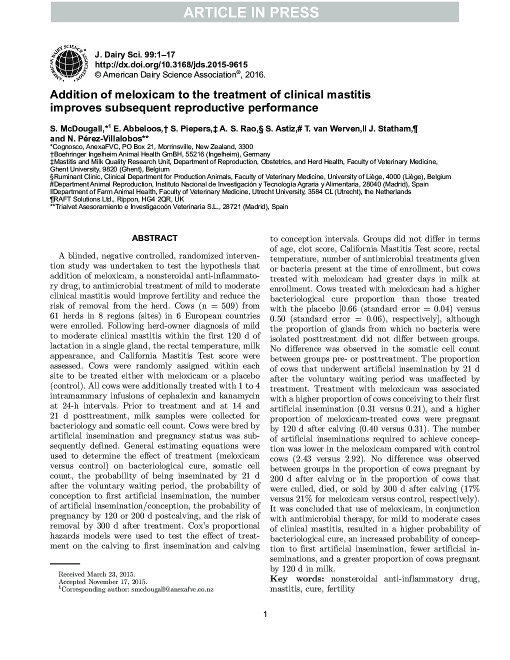 Addition of meloxicam to the treatment of clinical mastitis improves subsequent reproductive performance