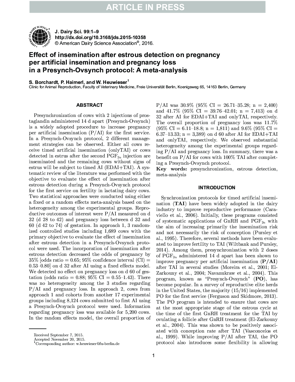 Effect of insemination after estrous detection on pregnancy per artificial insemination and pregnancy loss in a Presynch-Ovsynch protocol: A meta-analysis