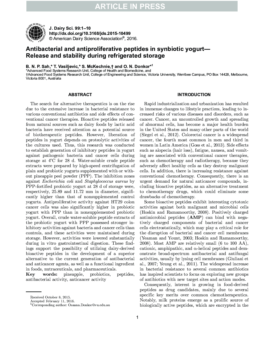 پپتیدهای ضد باکتری و ضد انعقادی در ماست سینبیوتیک-انتشار و پایداری در هنگام ذخیره سازی یخچال 