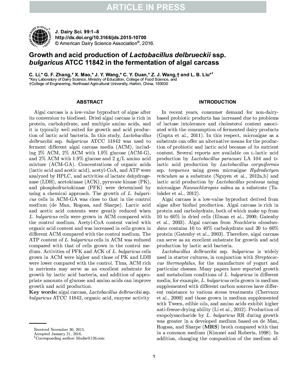 Growth and acid production of Lactobacillus delbrueckii ssp. bulgaricus ATCC 11842 in the fermentation of algal carcass