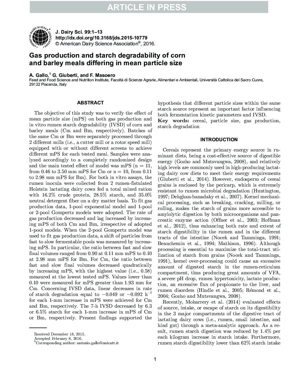 Gas production and starch degradability of corn and barley meals differing in mean particle size