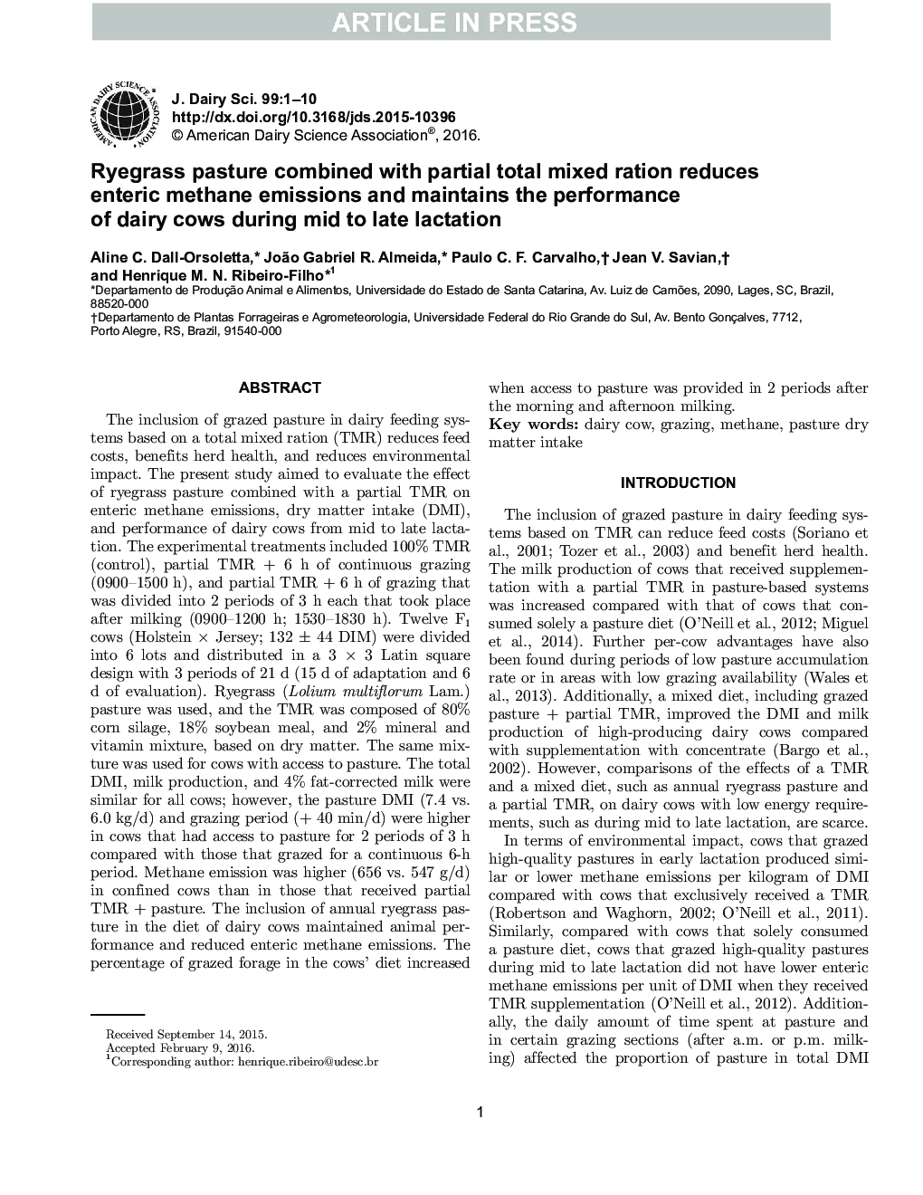 Ryegrass pasture combined with partial total mixed ration reduces enteric methane emissions and maintains the performance of dairy cows during mid to late lactation