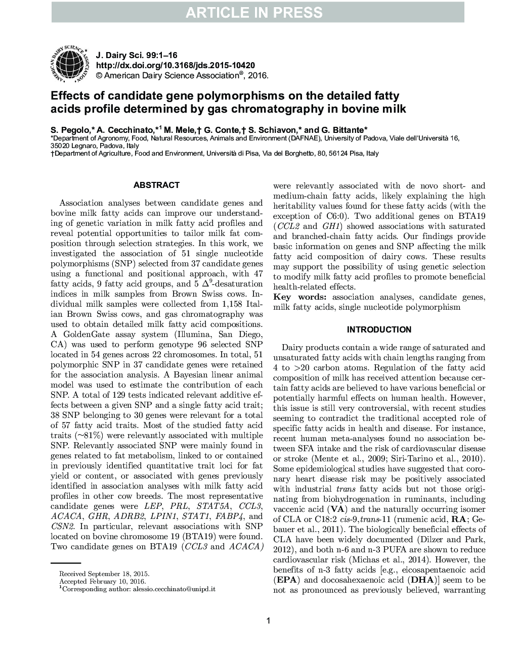 اثر پلی مورفیسم ژن کاندید بر روی مشخصات اسید چرب مفصل تعیین شده توسط کروماتوگرافی گاز در شیر گاو 
