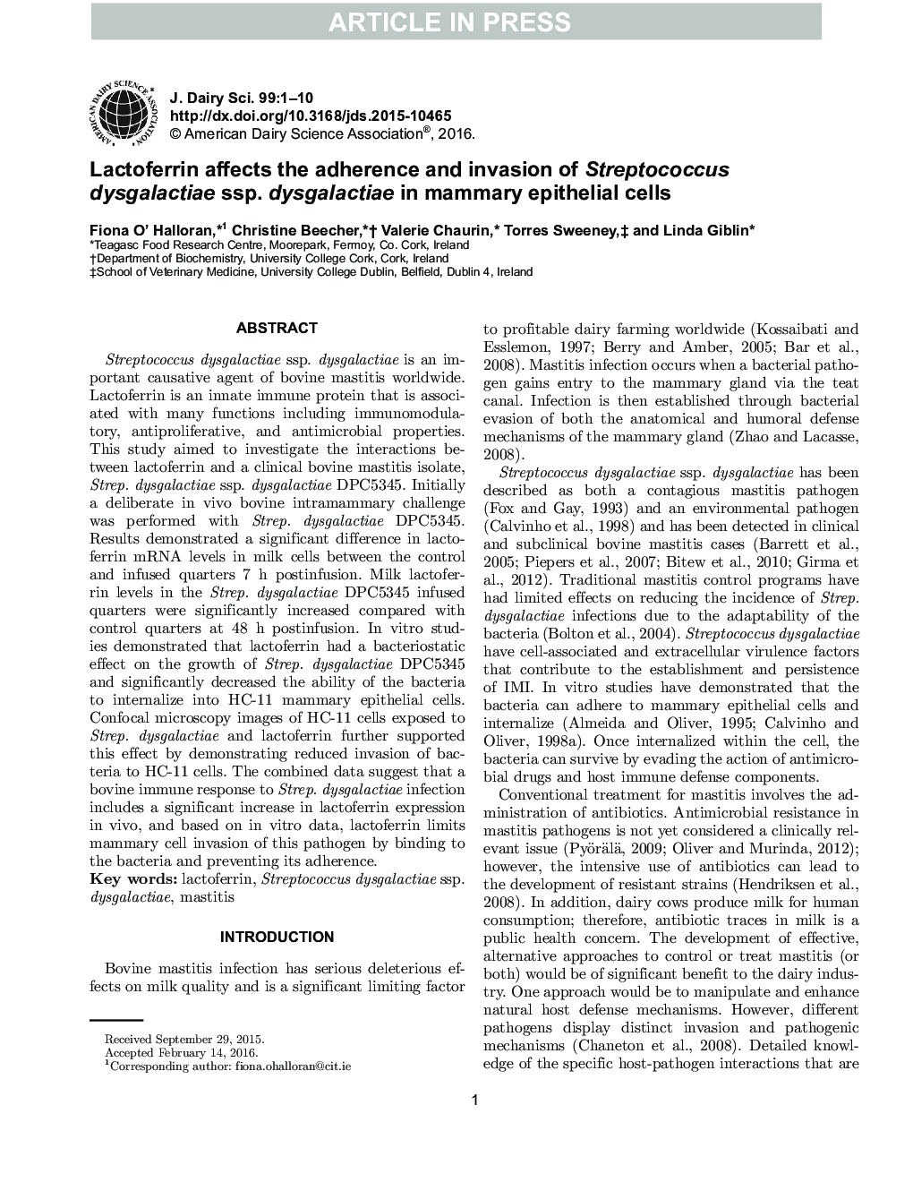 Lactoferrin affects the adherence and invasion of Streptococcus dysgalactiae ssp. dysgalactiae in mammary epithelial cells