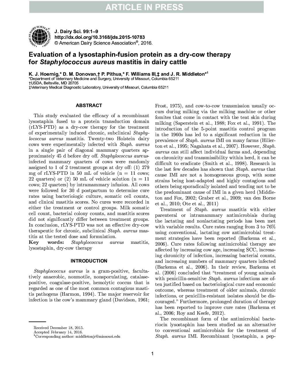 Evaluation of a lysostaphin-fusion protein as a dry-cow therapy for Staphylococcus aureus mastitis in dairy cattle