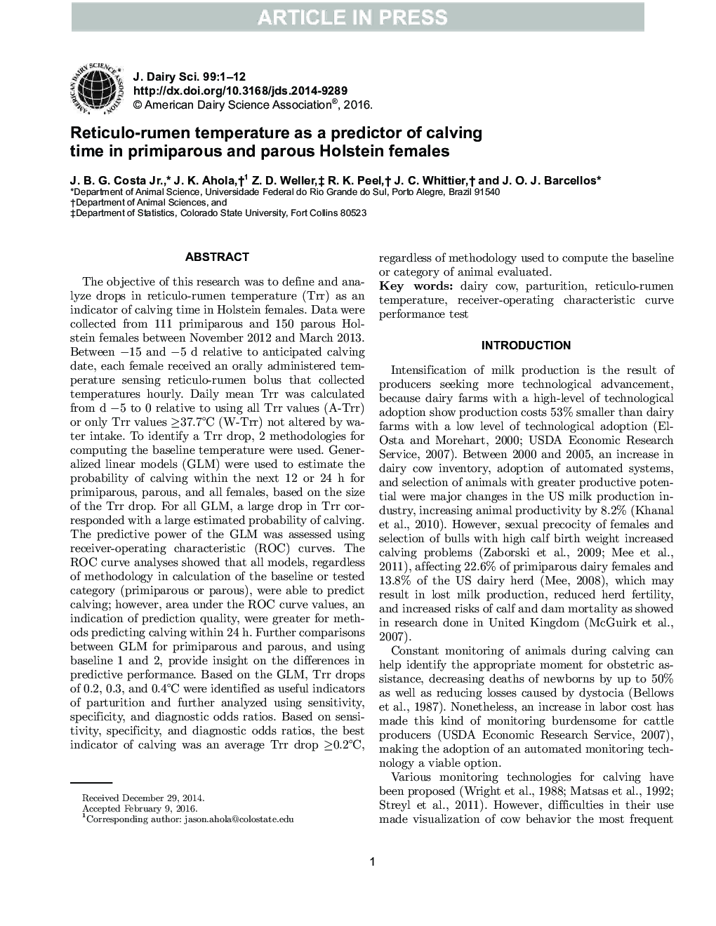 Reticulo-rumen temperature as a predictor of calving time in primiparous and parous Holstein females