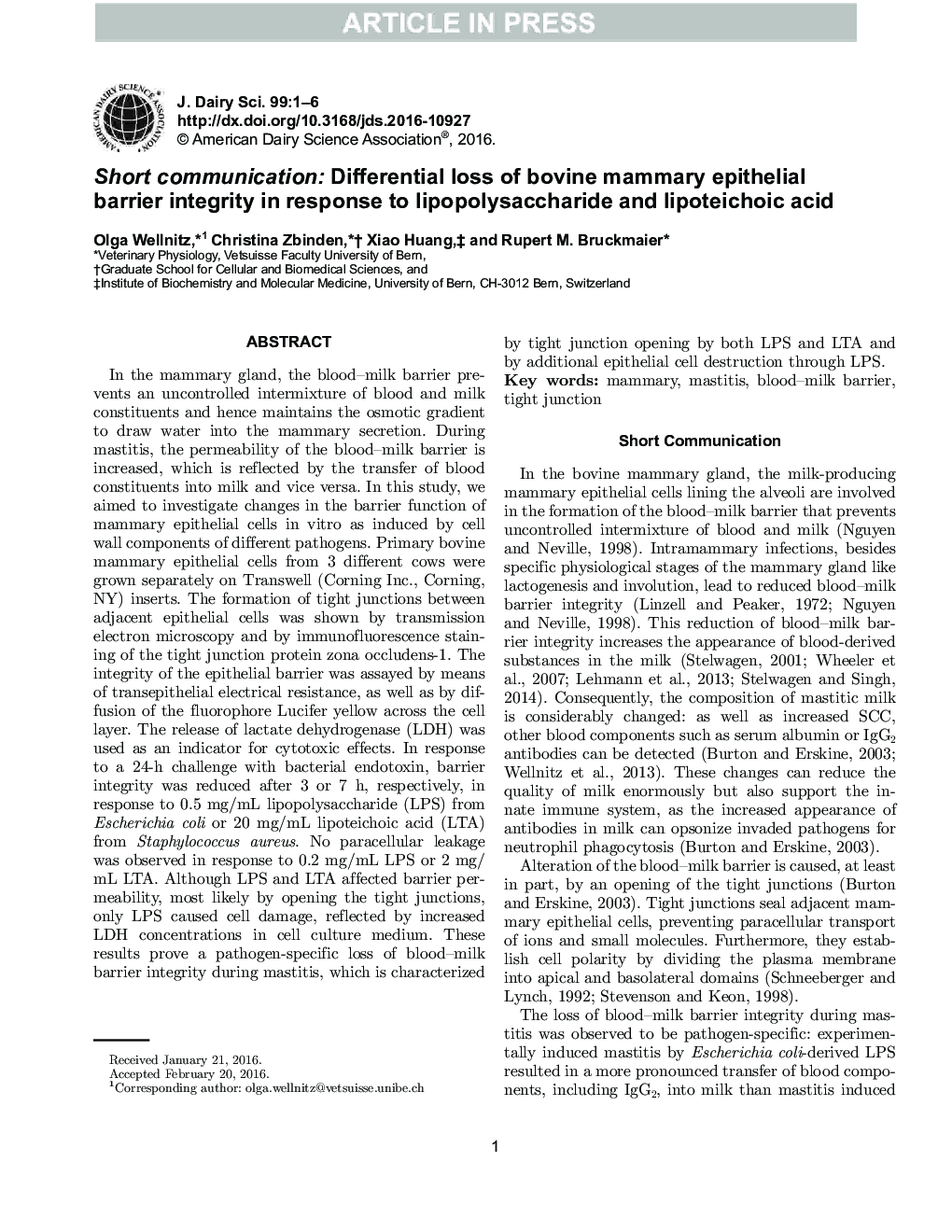 Short communication: Differential loss of bovine mammary epithelial barrier integrity in response to lipopolysaccharide and lipoteichoic acid