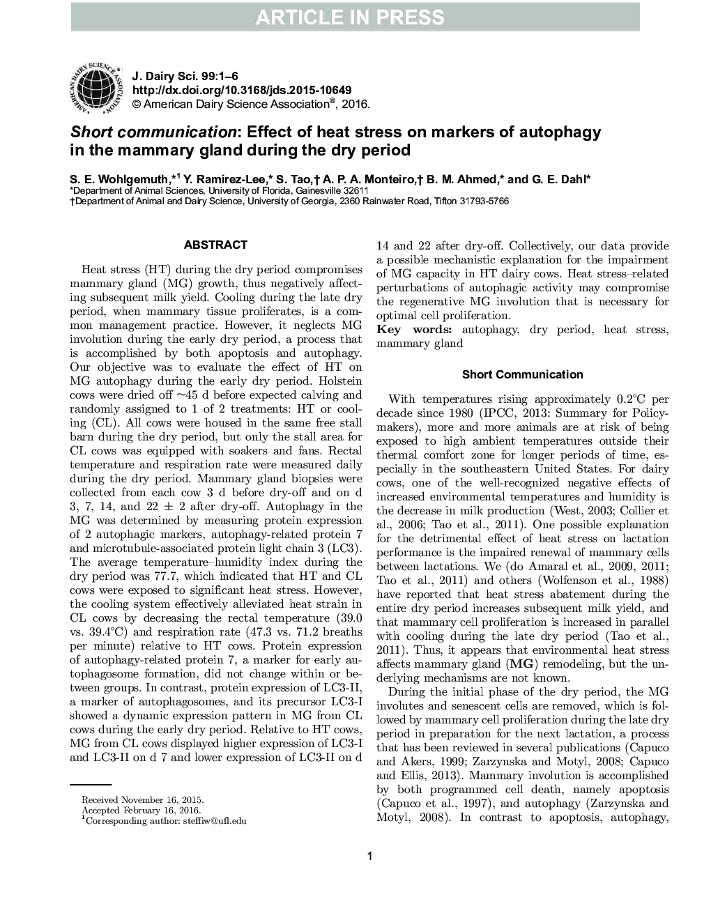 Short communication: Effect of heat stress on markers of autophagy in the mammary gland during the dry period