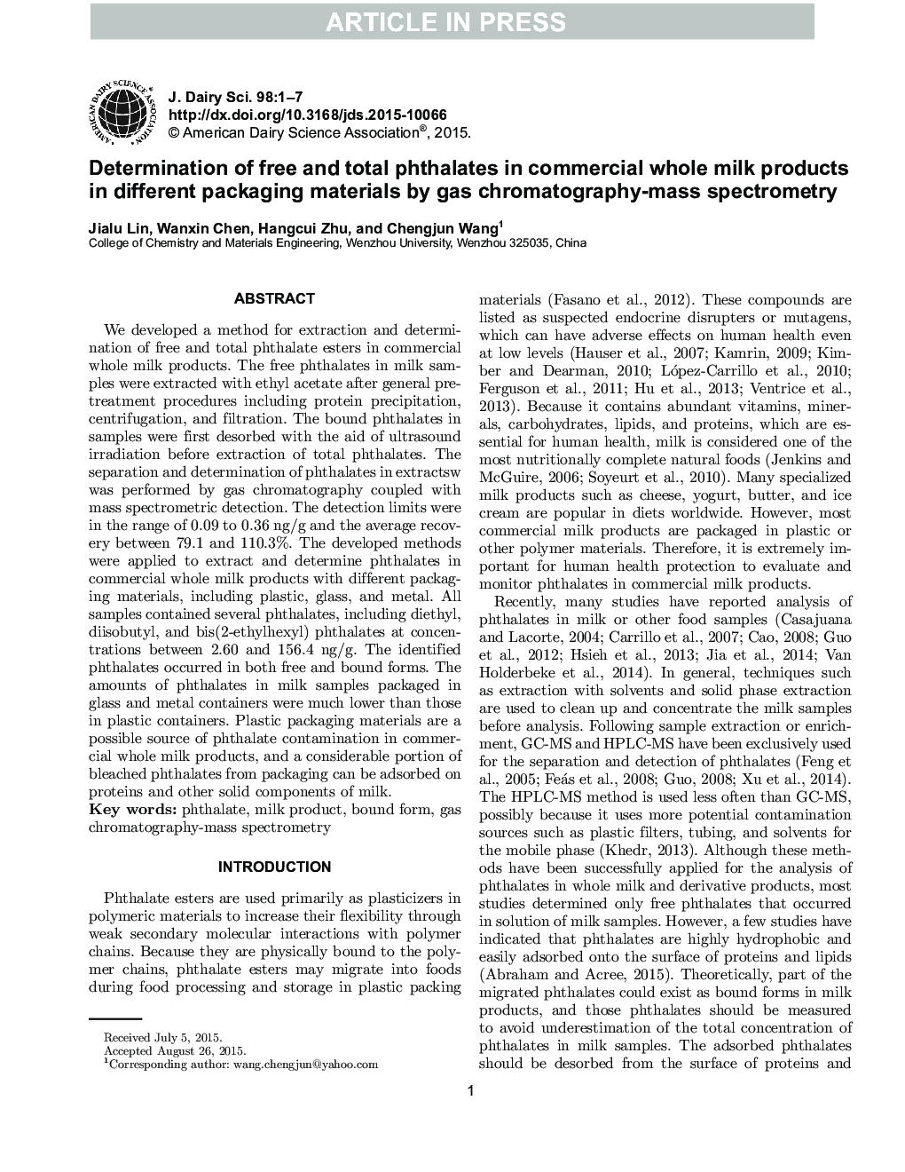 Determination of free and total phthalates in commercial whole milk products in different packaging materials by gas chromatography-mass spectrometry