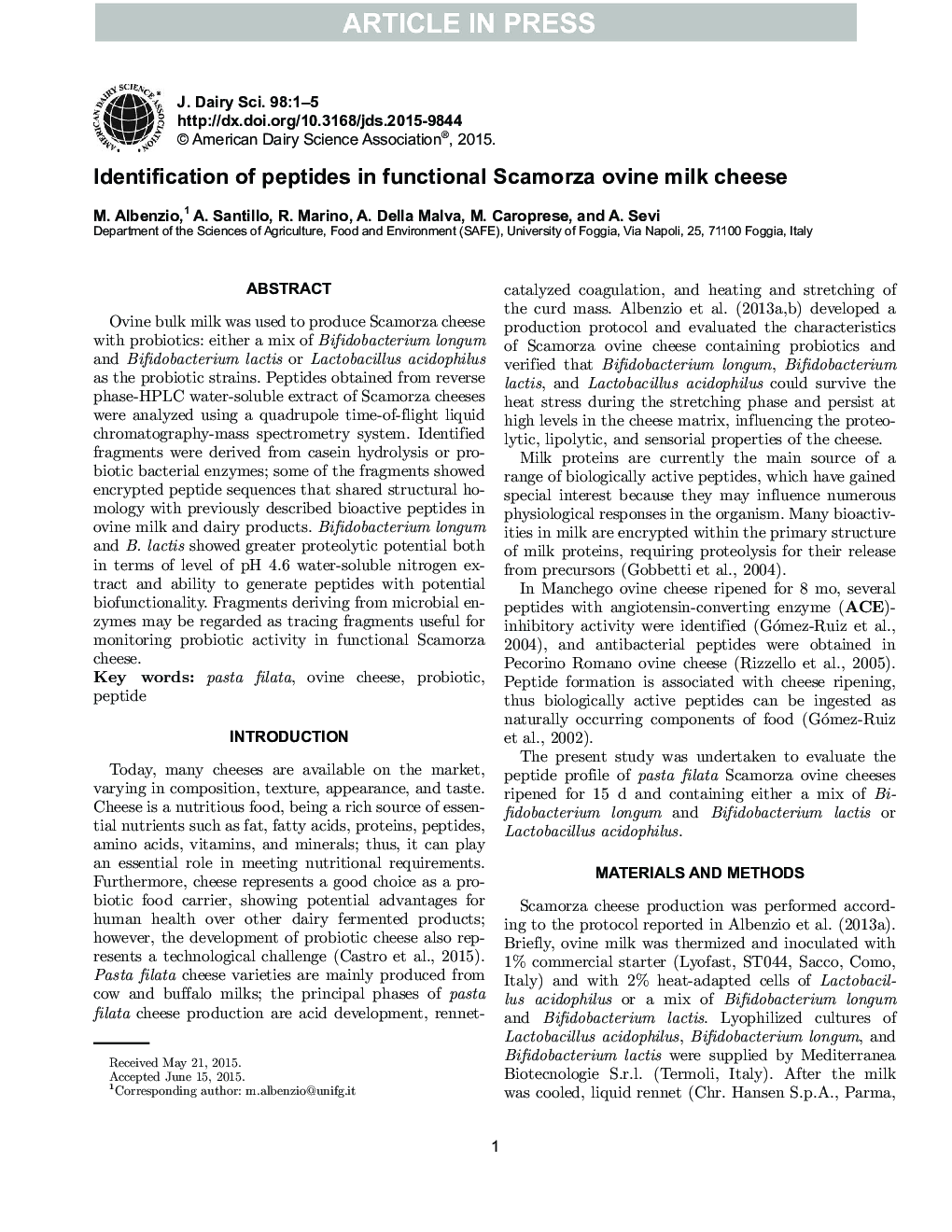 Identification of peptides in functional Scamorza ovine milk cheese