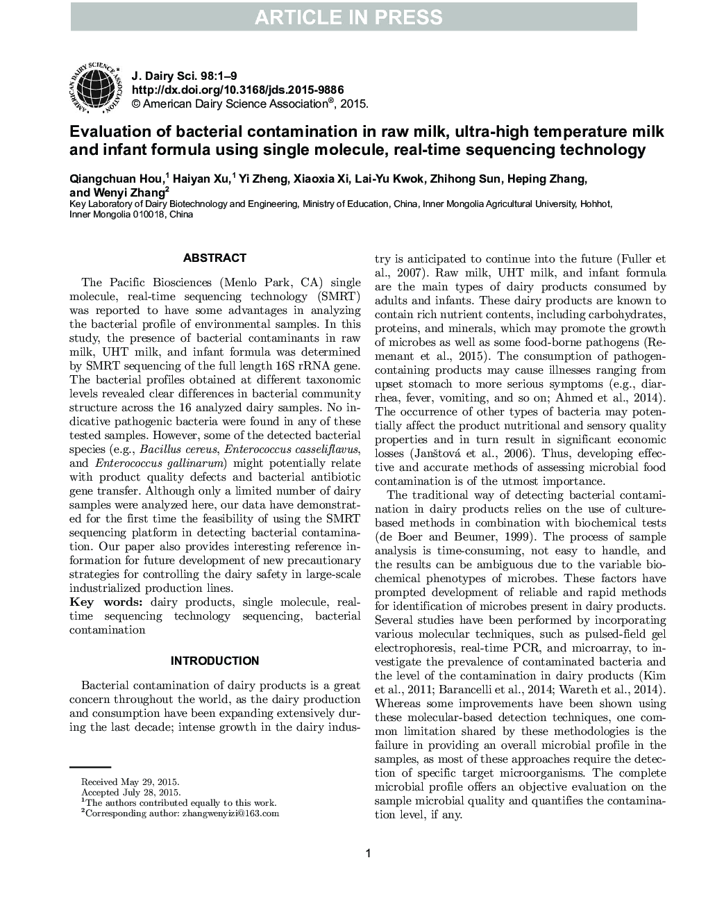 Evaluation of bacterial contamination in raw milk, ultra-high temperature milk and infant formula using single molecule, real-time sequencing technology