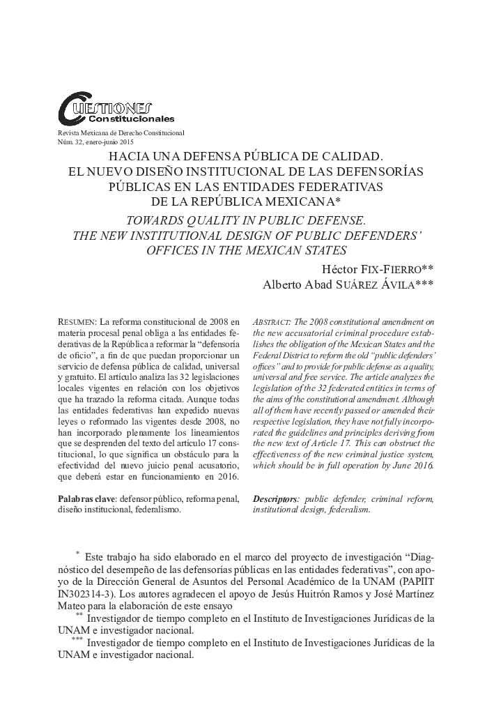 HACIA UNA DEFENSA PÚBLICA DE CALIDAD. EL NUEVO DISEÑO INSTITUCIONAL DE LAS DEFENSORÍAS PÚBLICAS EN LAS ENTIDADES FEDERATIVAS DE LA REPÚBLICA MEXICANA 
