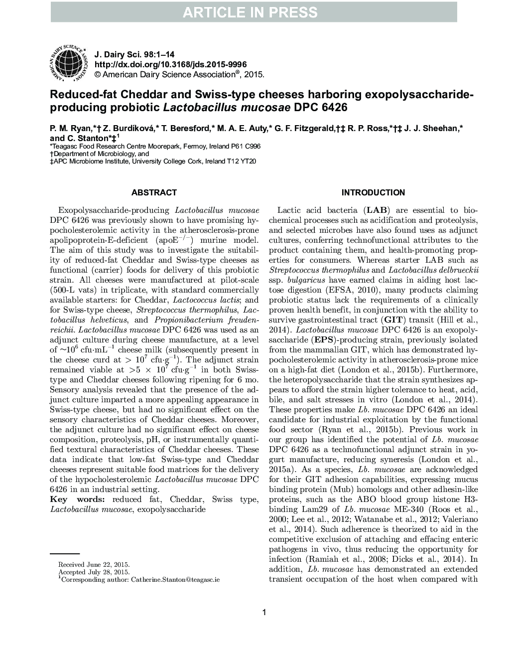 Reduced-fat Cheddar and Swiss-type cheeses harboring exopolysaccharide-producing probiotic Lactobacillus mucosae DPC 6426