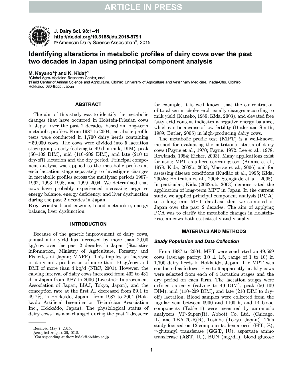 Identifying alterations in metabolic profiles of dairy cows over the past two decades in Japan using principal component analysis