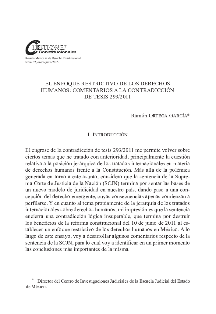 عکس صفحه اول مقاله: EL ENFOQUE RESTRICTIVO DE LOS DERECHOS HUMANOS: COMENTARIOS A LA CONTRADICCIÃN DE TESIS 293/2011 EL ENFOQUE RESTRICTIVO DE LOS DERECHOS HUMANOS: COMENTARIOS A LA CONTRADICCIÃN DE TESIS 293/2011