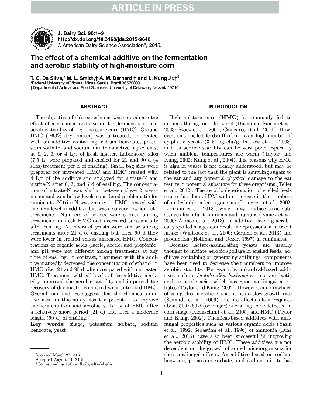 The effect of a chemical additive on the fermentation and aerobic stability of high-moisture corn