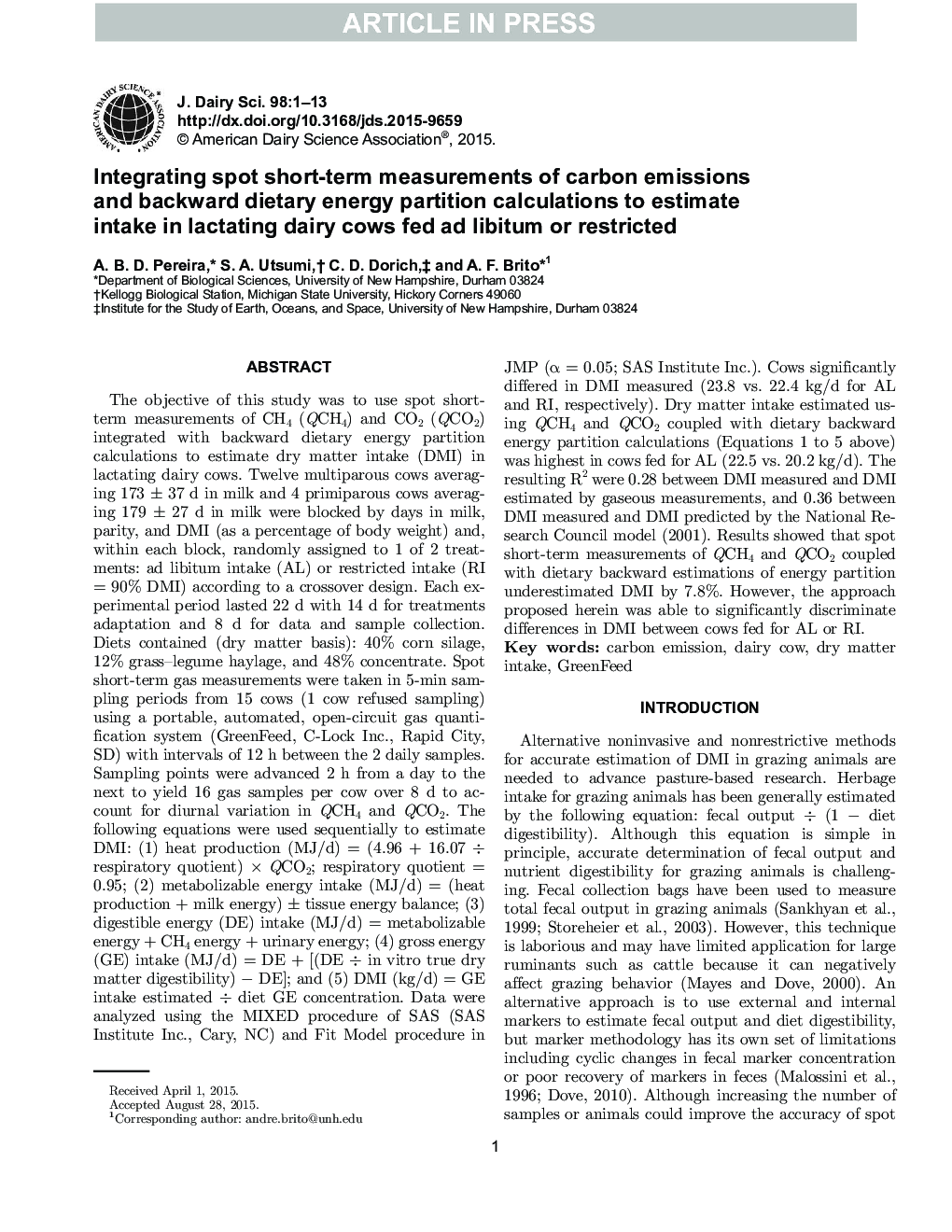 Integrating spot short-term measurements of carbon emissions and backward dietary energy partition calculations to estimate intake in lactating dairy cows fed ad libitum or restricted