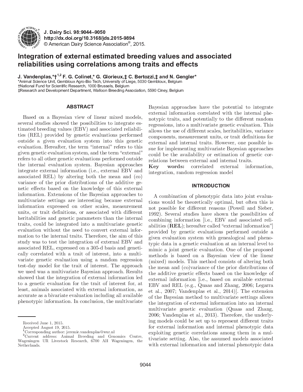 Integration of external estimated breeding values and associated reliabilities using correlations among traits and effects