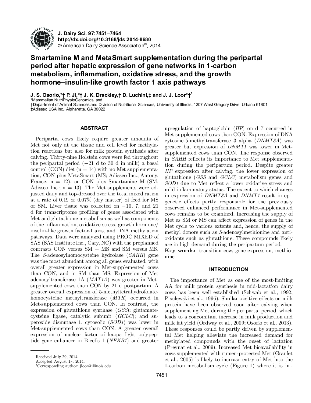 Smartamine M and MetaSmart supplementation during the peripartal period alter hepatic expression of gene networks in 1-carbon metabolism, inflammation, oxidative stress, and the growth hormone-insulin-like growth factor 1 axis pathways