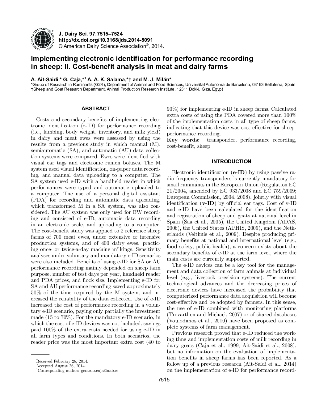 Implementing electronic identification for performance recording in sheep: II. Cost-benefit analysis in meat and dairy farms