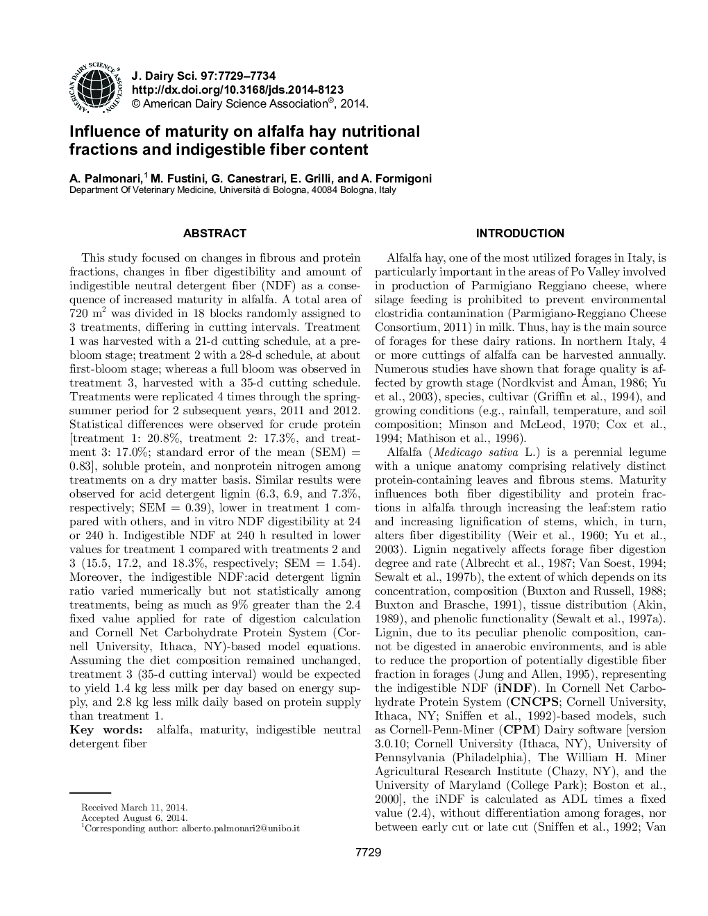 Influence of maturity on alfalfa hay nutritional fractions and indigestible fiber content