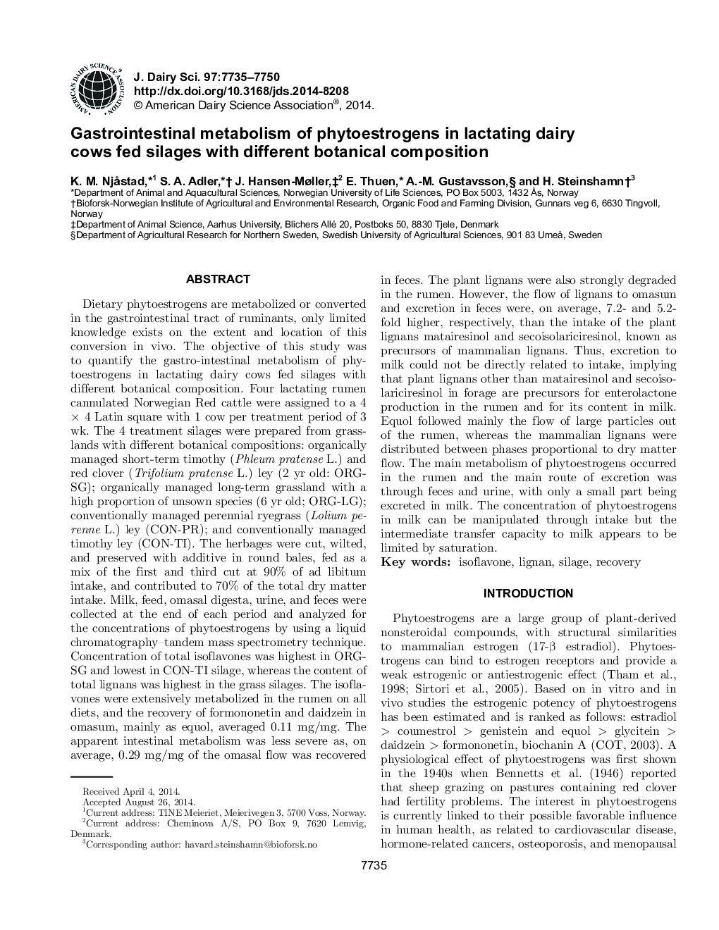 Gastrointestinal metabolism of phytoestrogens in lactating dairy cows fed silages with different botanical composition