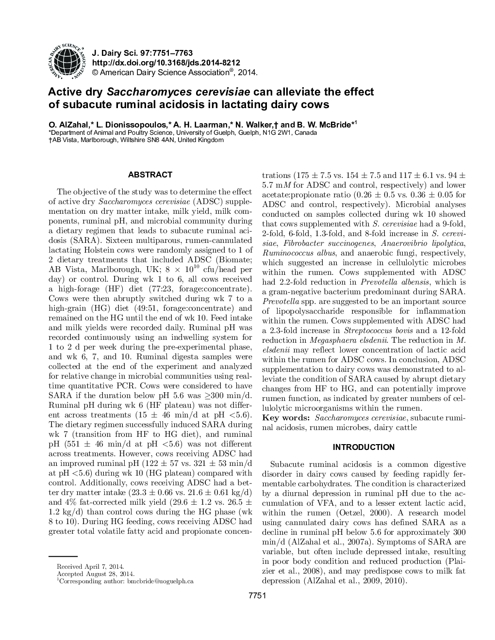 Active dry Saccharomyces cerevisiae can alleviate the effect of subacute ruminal acidosis in lactating dairy cows