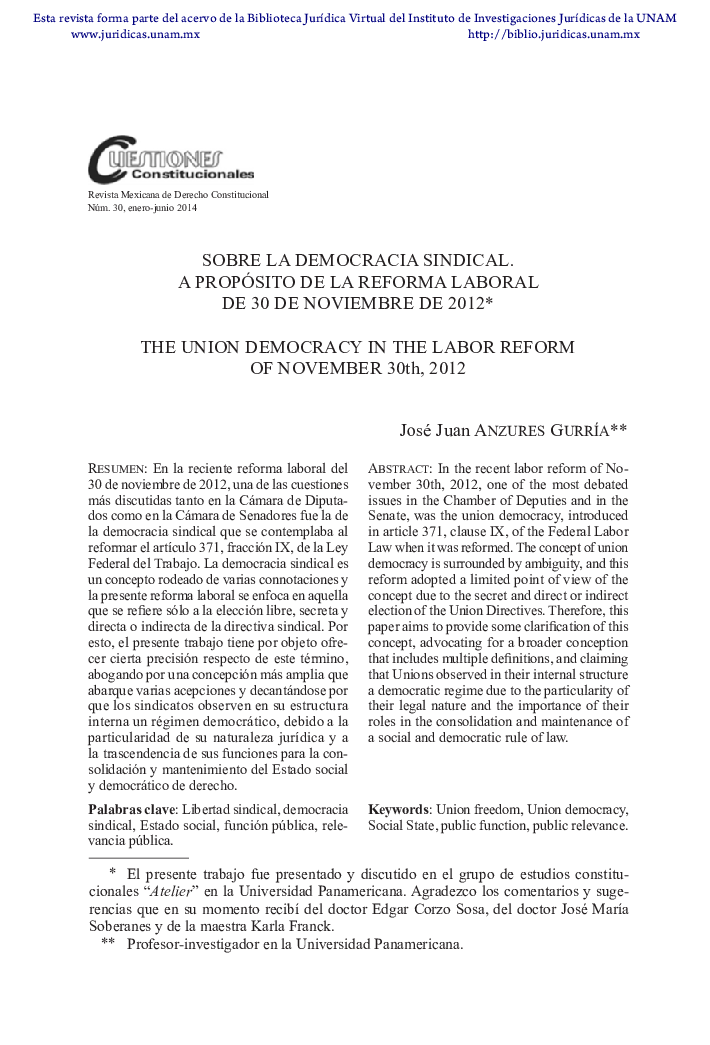 Sobre la democracia sindical. A propósito de la reforma laboral de 30 de Noviembre de 2012 *