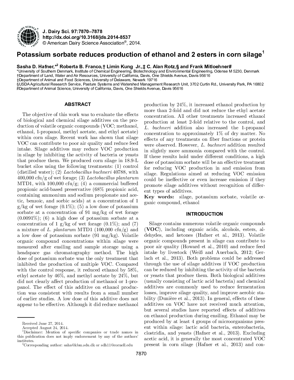 Potassium sorbate reduces production of ethanol and 2 esters in corn silage1