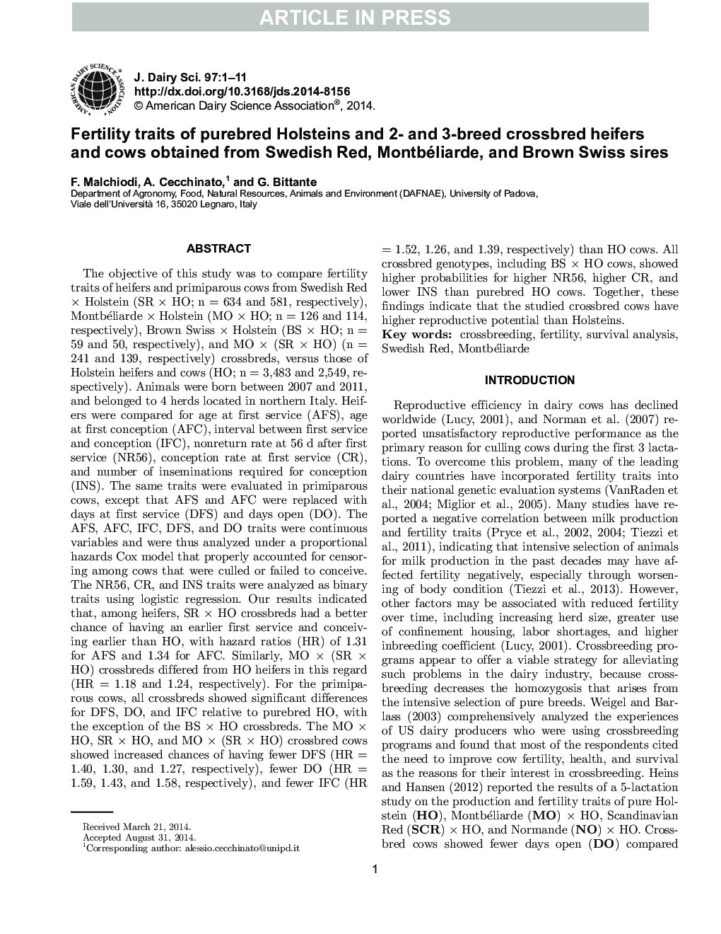 Fertility traits of purebred Holsteins and 2- and 3-breed crossbred heifers and cows obtained from Swedish Red, Montbéliarde, and Brown Swiss sires