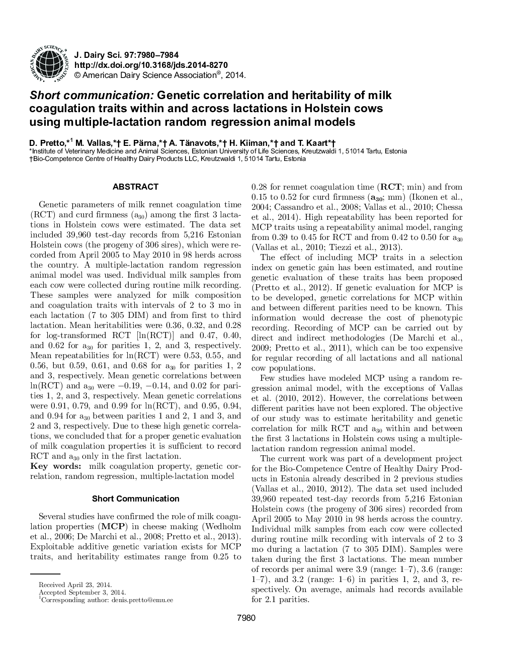 Short communication: Genetic correlation and heritability of milk coagulation traits within and across lactations in Holstein cows using multiple-lactation random regression animal models