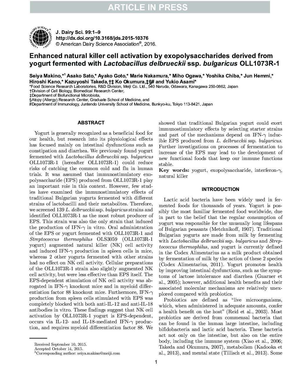 Enhanced natural killer cell activation by exopolysaccharides derived from yogurt fermented with Lactobacillus delbrueckii ssp. bulgaricus OLL1073R-1