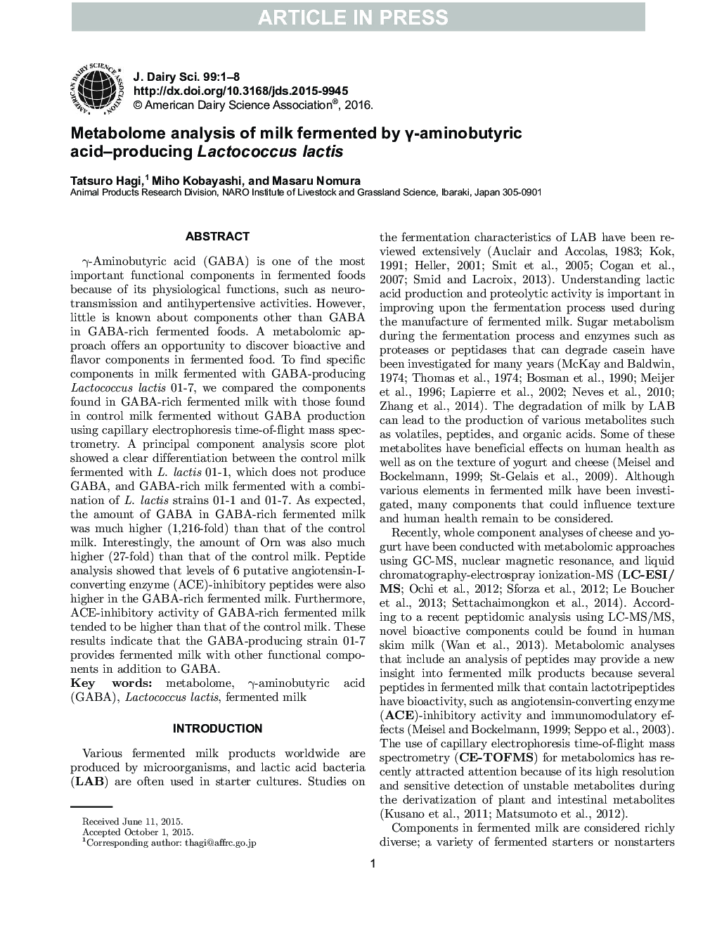 Metabolome analysis of milk fermented by Î³-aminobutyric acid-producing Lactococcus lactis