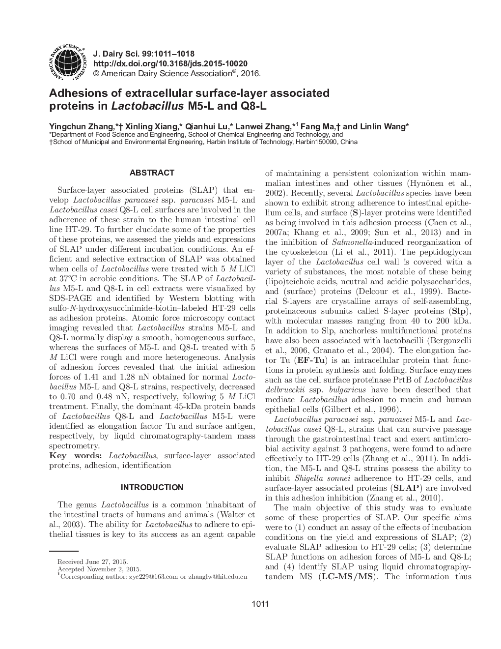 Adhesions of extracellular surface-layer associated proteins in Lactobacillus M5-L and Q8-L