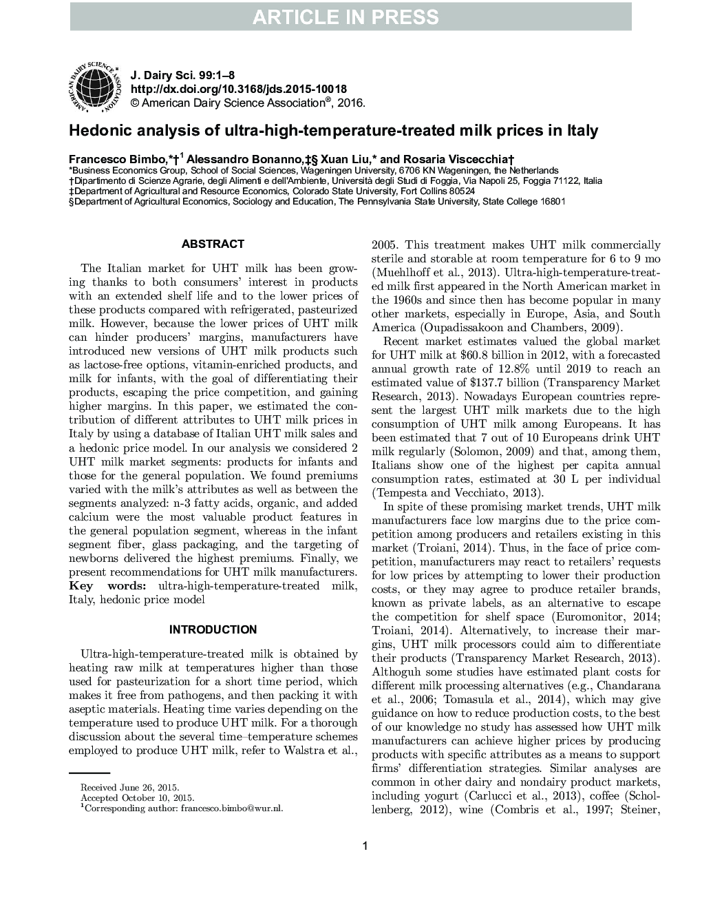 Hedonic analysis of the price of UHT-treated milk in Italy