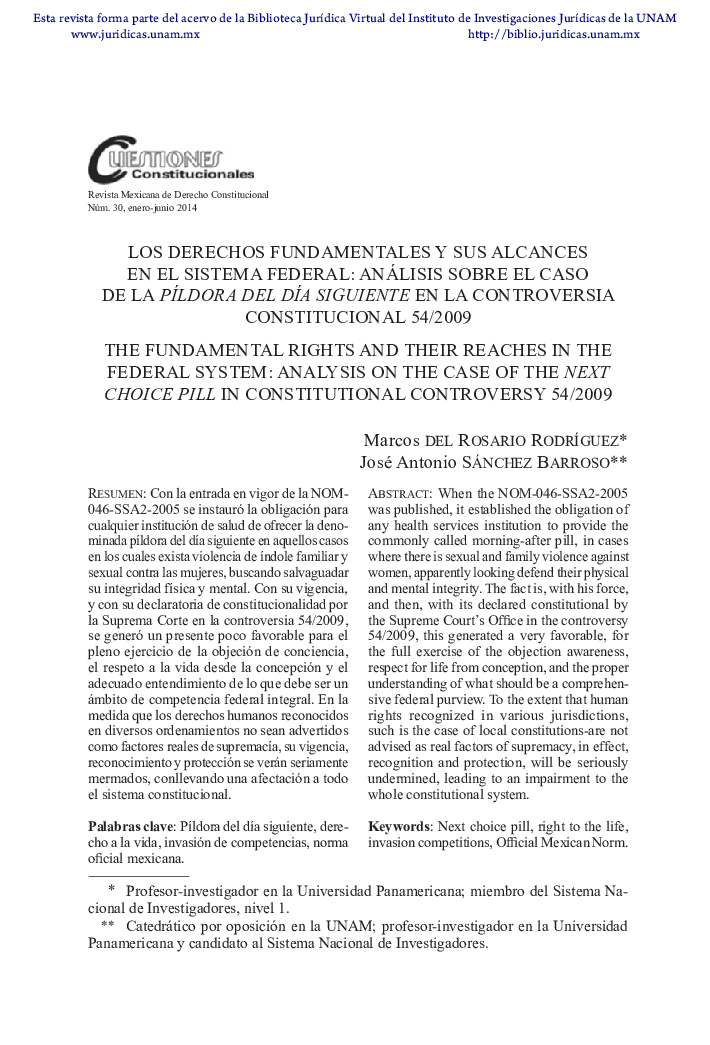 Los derechos fundamentales y sus alcances en el sistema federal: análisis sobre el caso de la píldora del día siguiente en la controversia constitucional 54/2009